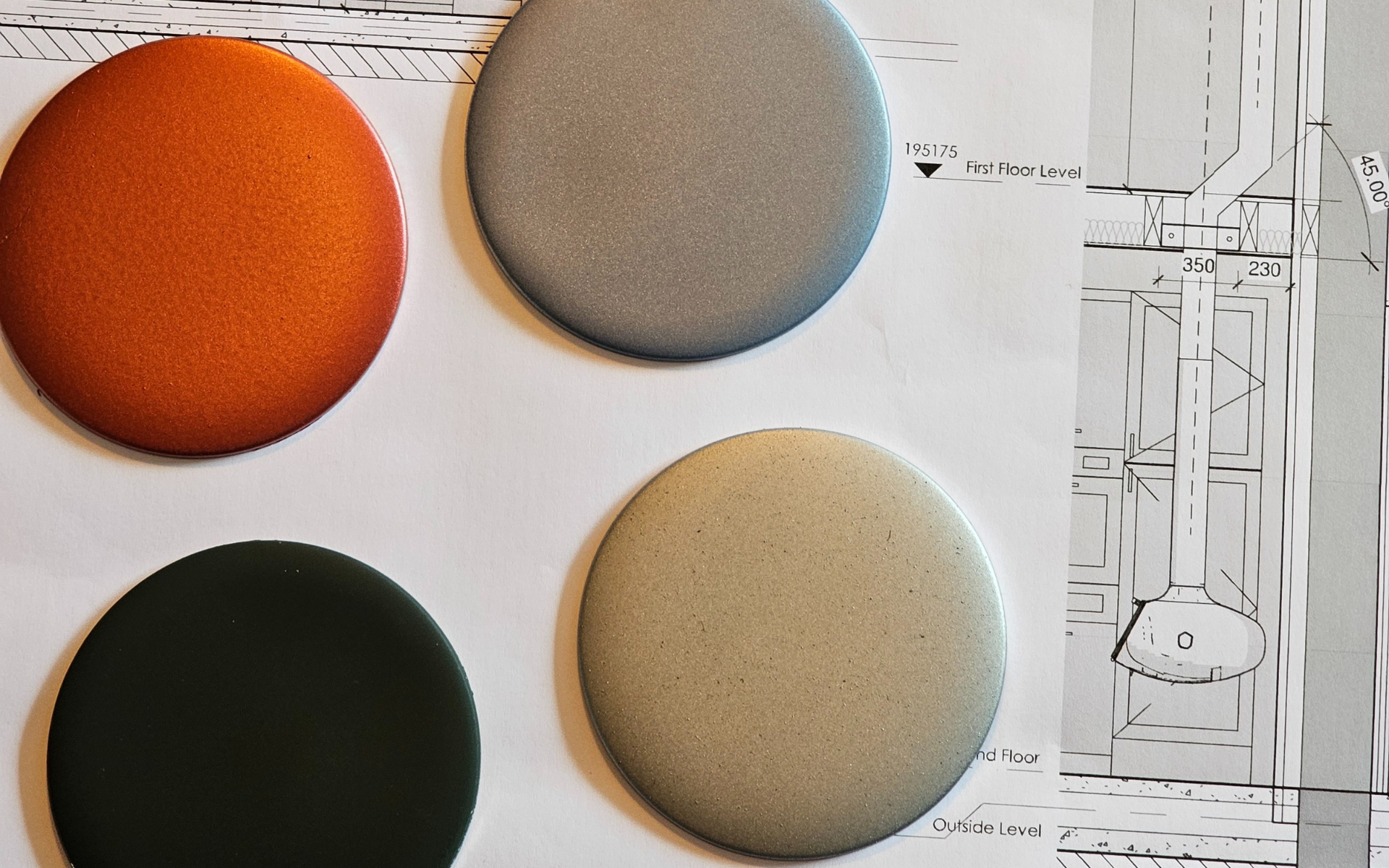 four colour samples on top of a technical drawing of the firebob