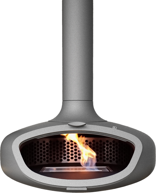 custom suspended wood burning or bioethanol fireplace in colour metallic grey