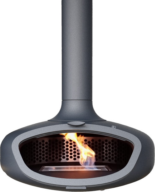 custom suspended wood burning or bioethanol fireplace in colour metallic blue