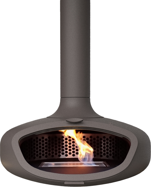 custom suspended wood burning or bioethanol fireplace in colour rich brown metallic