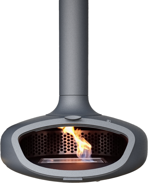 custom suspended wood burning or bioethanol fireplace in colour sky blue metallic