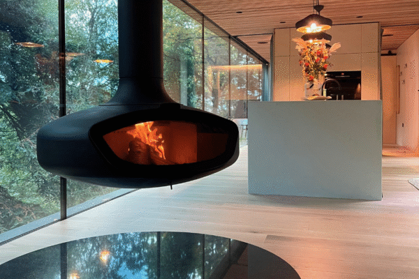 front view of the firebob log burner in the Looking Glass Lodge