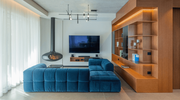 modern open plan living area with firebob fire to the left of the TV, next to a large floor to ceiling window.