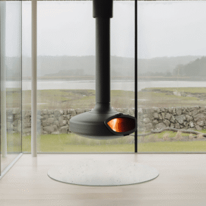 the FireBob fireplace in the modern lounge of the Tidal House, overlooking the Solway coast