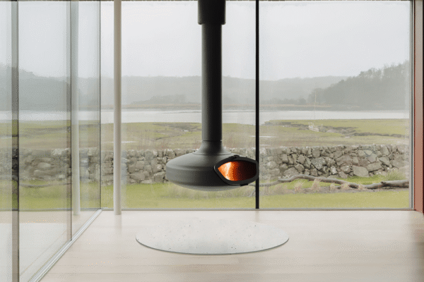 the FireBob fireplace in the modern lounge of the Tidal House, overlooking the Solway coast