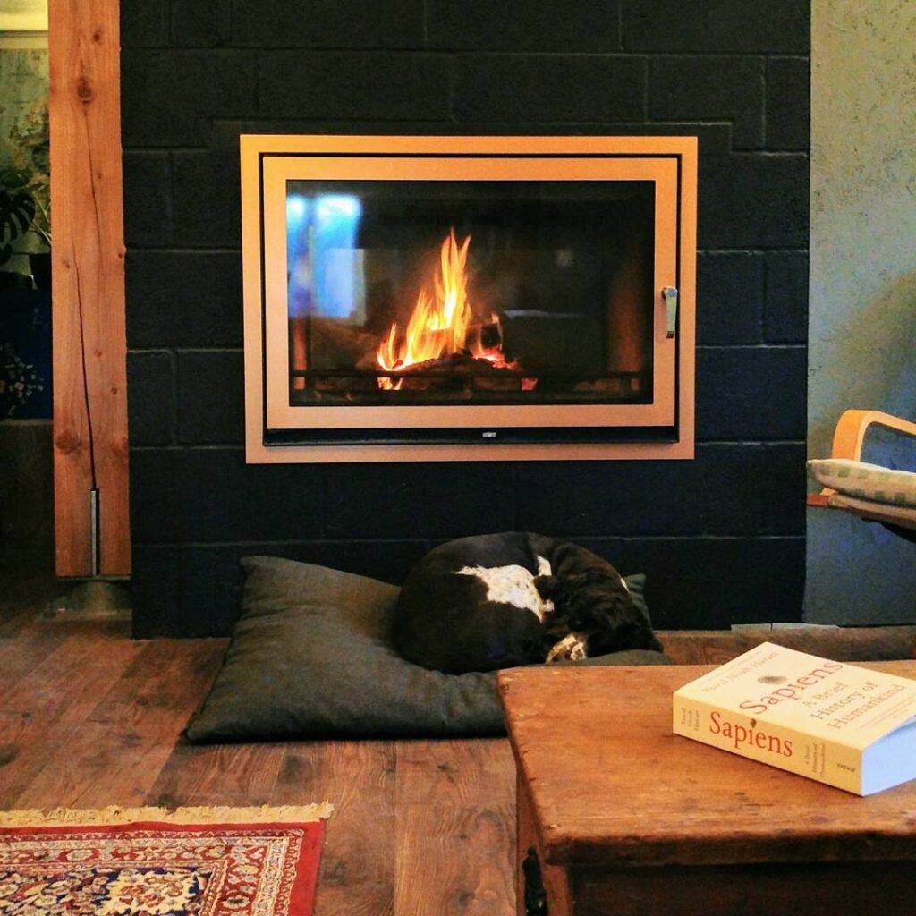 Image of a fireplace with a dog curled up underneath on a bed.