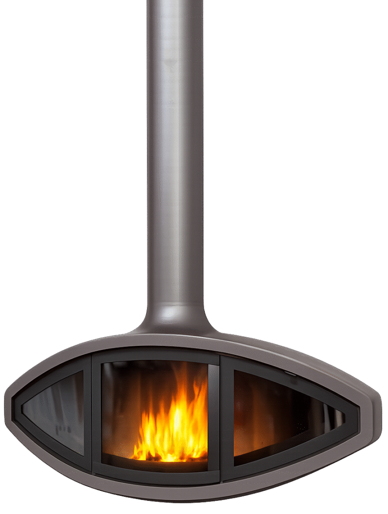 Modern eye-shaped wood-burning stove with sleek dark flue and glowing flames behind glass viewing window.